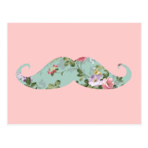 Röd rosa blom- mustasch för rolig flickaktigt vint vykort