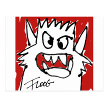 Röd tecknadmonstervykort