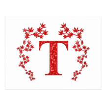 Röda löv för Monogrambrev T Vykort