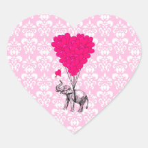 Rolig gullig elefant & rosadamast hjärtformade klistermärken