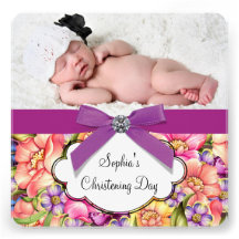 Rosa Christening för foto för lilablommaflicka Anpassade Inbjudningskort