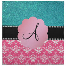 Rosa damastast turkosglitter för Monogram Servett