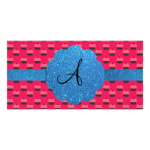 Rosa monogram för muffinblåttglitter fotokort