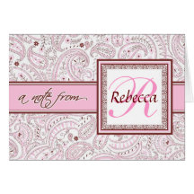 Rosa Paisley Monogrammed namn Hälsnings Kort