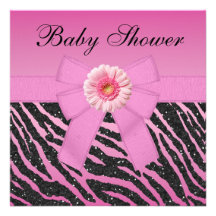 Rosa sebra- & Gerberasglitterbaby shower Anpassade Inbjudningskort