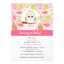 Rosa uggla- och Paisley tryckbaby showerinbjudan