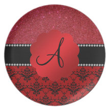 Rött damastast rött glitter för Monogram Fest Tallrikar