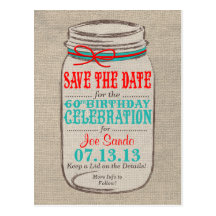 Rustic Burlap & Mason Jar 60 Birthday Invite Postcard