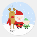 Santa, Rudolph och älvajulmärkre, till: Från: Runda Klistermärken