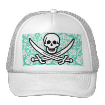 Seafoam Green Damask Jolly Roger Hats
