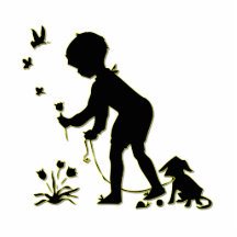 Silhouetten av barnplockning blommar med hunden acrylic cut out