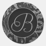 Silver för Monogram B och damastast bröllop för sv Runda Klistermärken