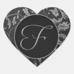 Silver för Monogram F och damastast bröllop för sv Hjärtklistermärken