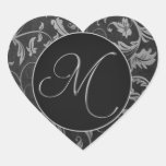 Silver för Monogram M och damastast bröllop för sv Hjärtformade Klistermärken