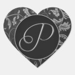 Silver för Monogram P och damastast bröllop för sv Hjärtklistermärken
