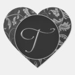 Silver för Monogram T och damastast bröllop för sv Hjärtformade Klistermärken