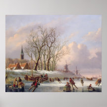 Skater på en djupfryst flod för Windmills (olja på Print