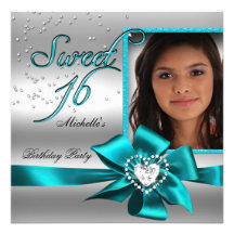 Sött foto för silver för 16 sweet sixteenblått personliga inbjudan