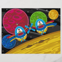 Spacemen som flyger spaceshipen över planet flyg blad