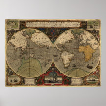 Stor "världskarta 1595 av Hondius" historisk karta Posters