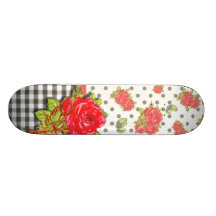 Svart Gingham med röd ros & pricker Skateboards