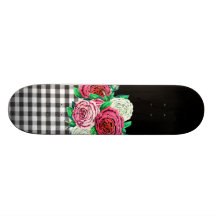 Svart Gingham och blommor Anpassningsbara Skateboard