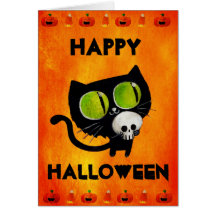 Svart Halloween katt med skallen Hälsnings Kort
