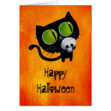 Svart Halloween katt med skallen Hälsningskort