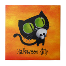 Svart Halloween katt med skallen Kakelplatta Av Kerami