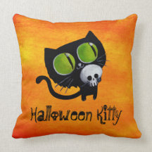 Svart Halloween katt med skallen Prydnadskudde