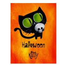 Svart Halloween katt med skallen Vykort