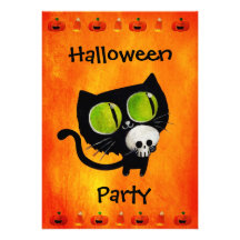 Svart Halloween katt med skallepartyinbjudan