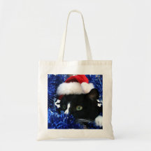 Svart katt, Santa hatt, blåttglitter, redo som pou Kassar