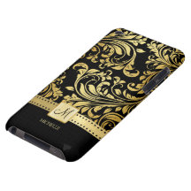 Svart och guld- damast för elegant med monogramen barely there iPod covers