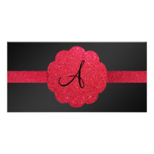 Svart och röd glittermonogram anpassingsbara fotokort