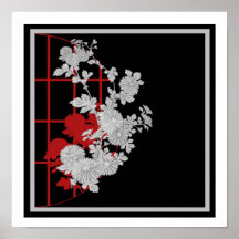 Svart röd asiatisk blommigt print