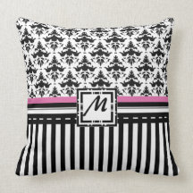 Svart & rosa damastast Monogram M för elegant Prydnadskuddar