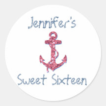 Sweet Sixteen Girly, Nautical Pink Glitter Anchor Round Stickers