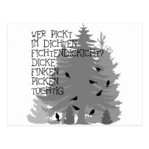t-shirt spruch zungenbrecher fink wald baum vögel postkarten