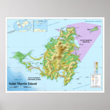 Topographic karta av St Martin den karibiska ön Print