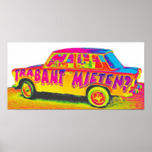 Trabant bil för hyra (Mieten), regnbåge, vitbaksid Print