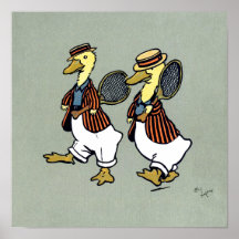 Two ducks with striped jackets and tennis rackets print