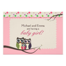 Ugglafamiljbaby shower för flicka personliga inbjudan