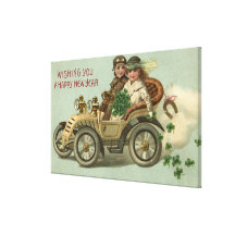 Ungar i en bil med Shamrocks Sträckta Kanvas Tryck
