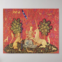 Unicornen och den jungfru- medeltida tapestryen av print