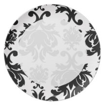utsmyckad formell svart vitdamast dinner plate
