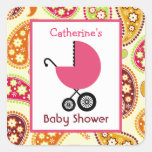 Vagn & Paisley för baby shower rosa Fyrkantigt Klistermärke