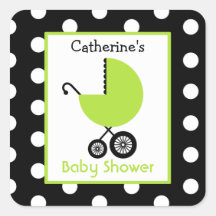Vagn & polka dots för baby shower grön fyrkantigt klistermärke