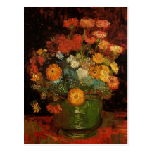 Van Gogh vas med Zinnias, vintageblommigtblommor Vykort