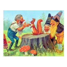 Vänliga Gnomes observerar en ekorre Vykort
